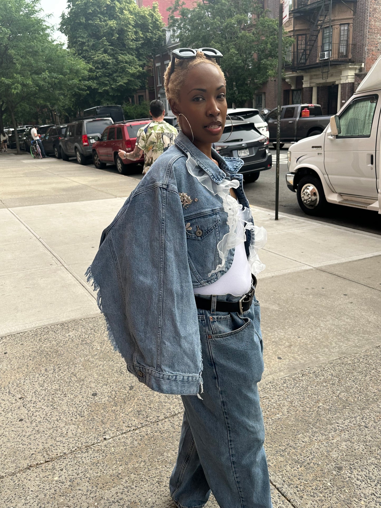 Miles Williams White Ruffle Denim Cape