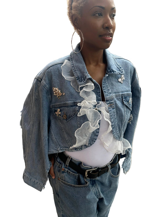 Miles Williams White Ruffle Denim Cape