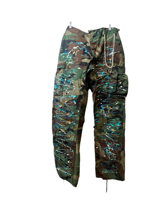 Denim Fringe Camouflage Splash Paint Pants