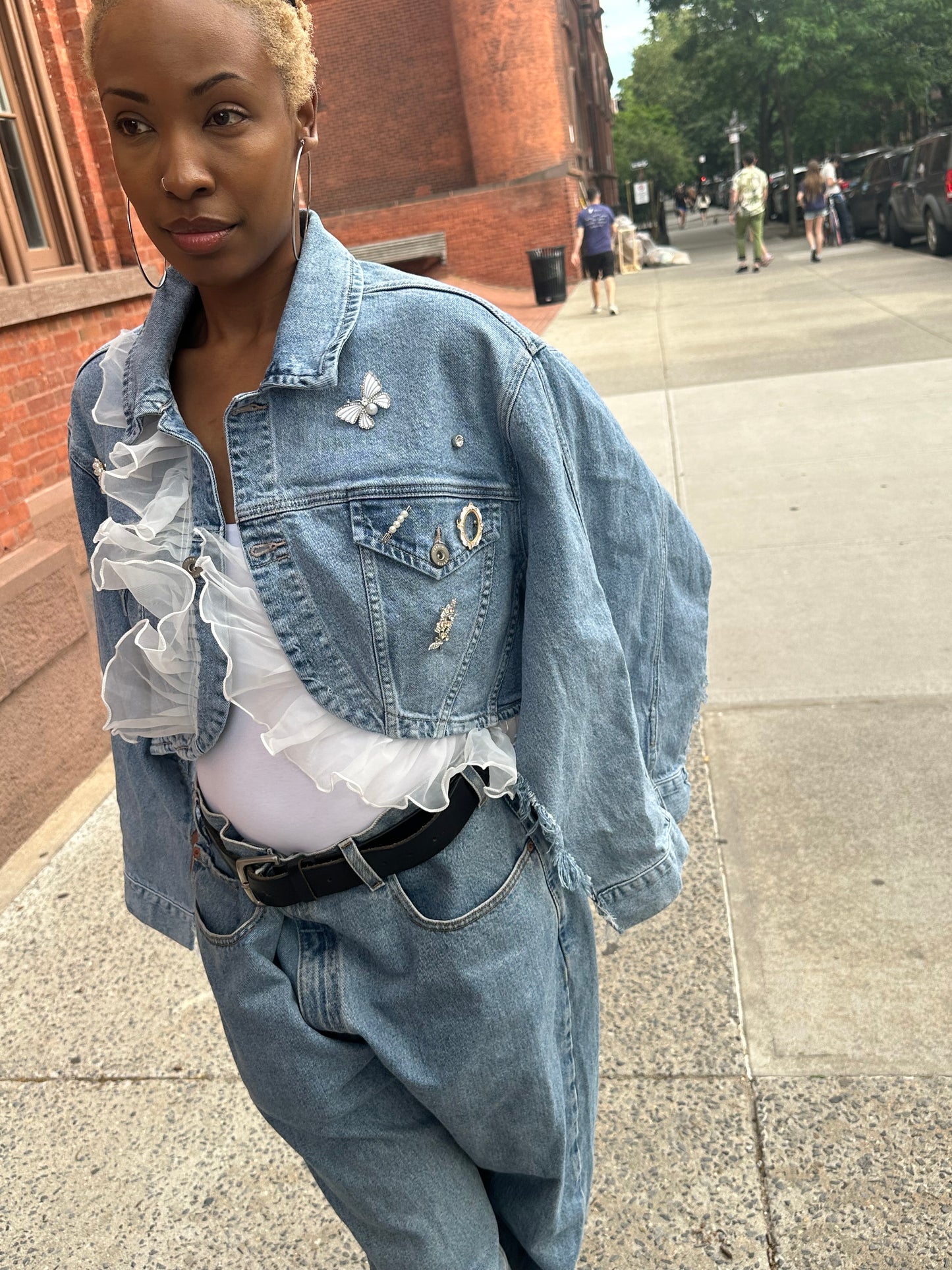 Miles Williams White Ruffle Denim Cape