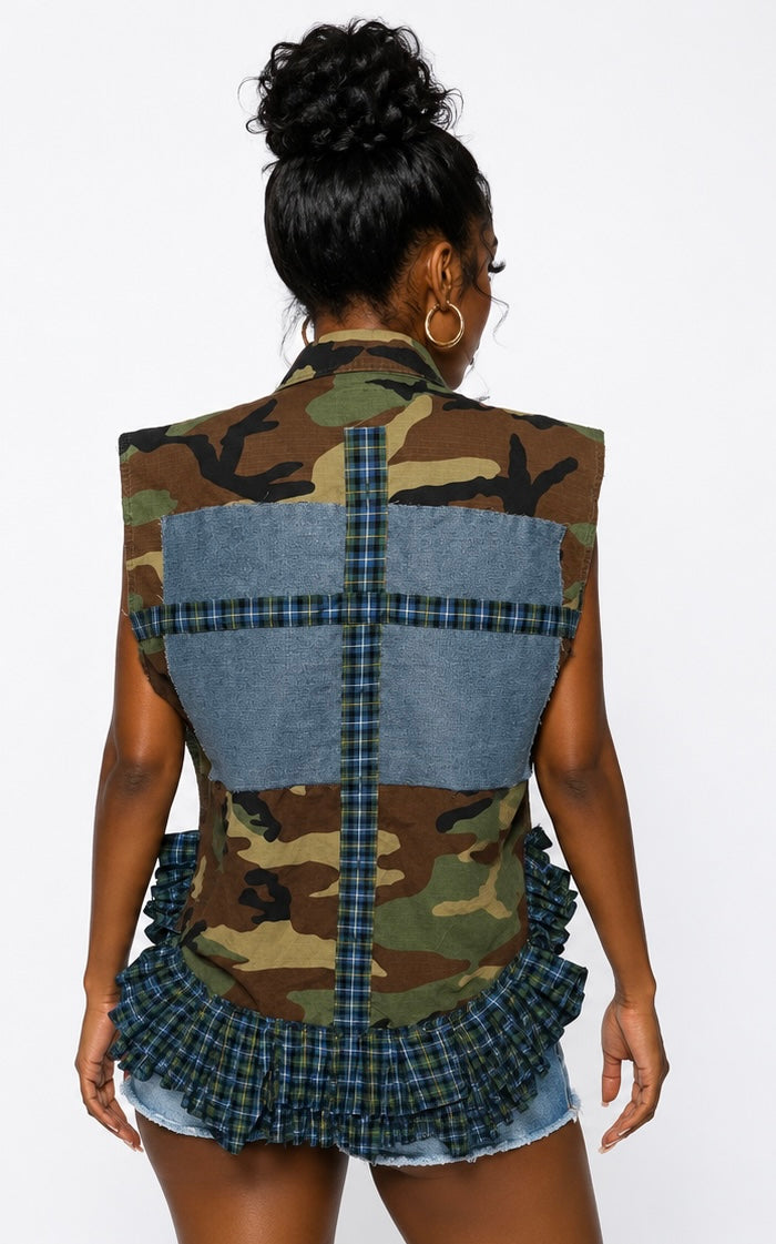 Plaid & Denim Camo Ruffle Vest
